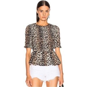 GANNI Leo Animal Print Smocked Peplum Blouse Sz 36 / US 4 Cotton Silk Top